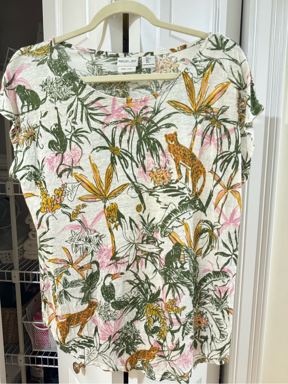 Rachel Zoe White Short Sleeve Tropical Print Tee with Green, Pink & Gold Accents